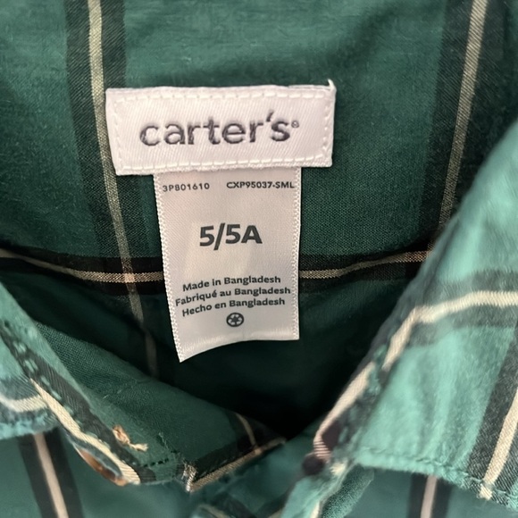 NWT Carter’s Boy’s Green And Black Plaid Shirt Size 5 - Picture 2 of 3